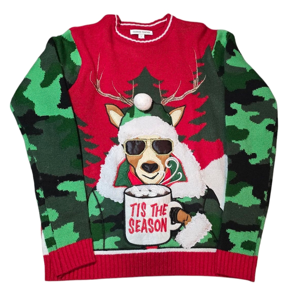 Used Red and Green Crewneck Sweater with Festive Design